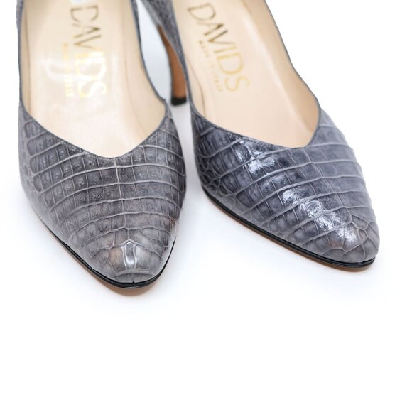 Vintage David' Croco Embossed Leather Point Toe Pumps Grey 80s Italy - Picture 8 of 9